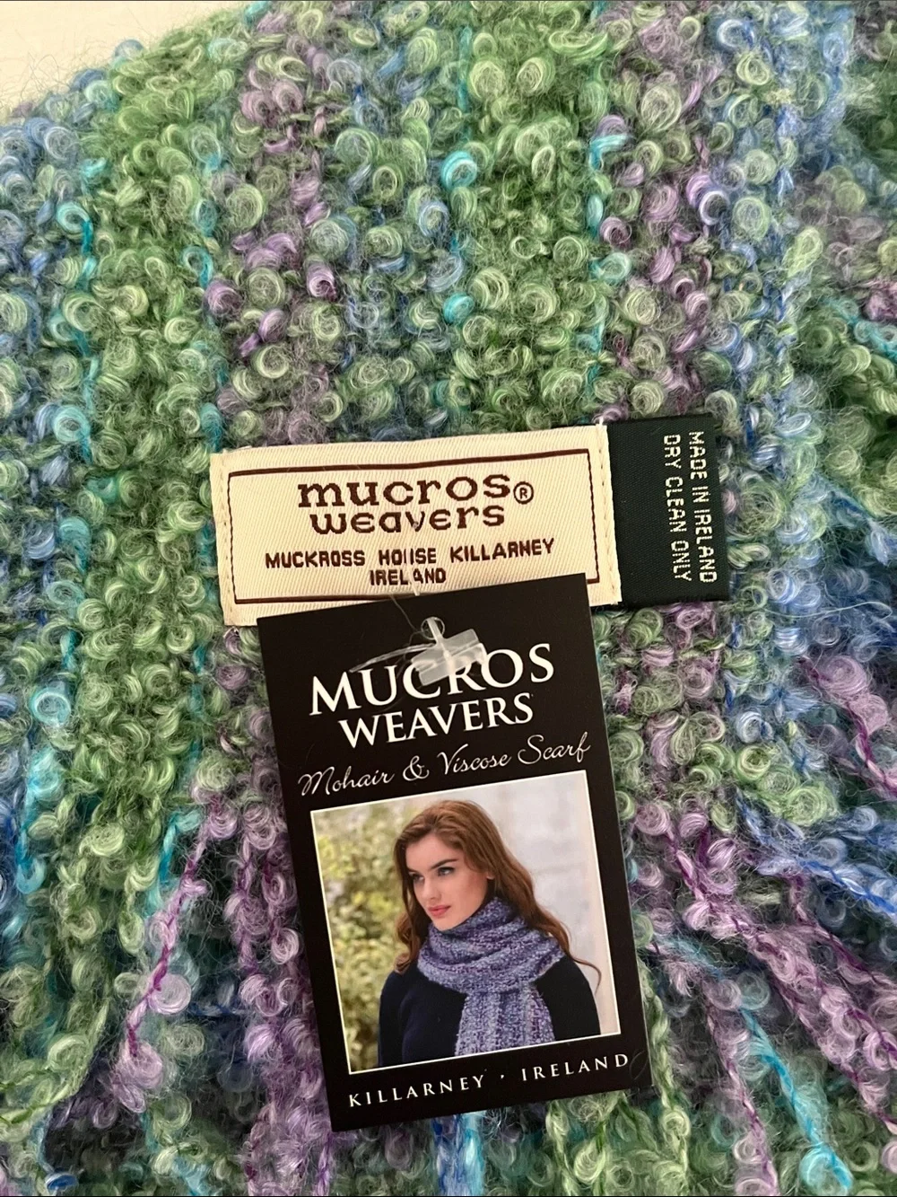 Mucros Weavers Irish Mohair & Viscose Scarf - Multicolor Green, Blue, Purple NWT